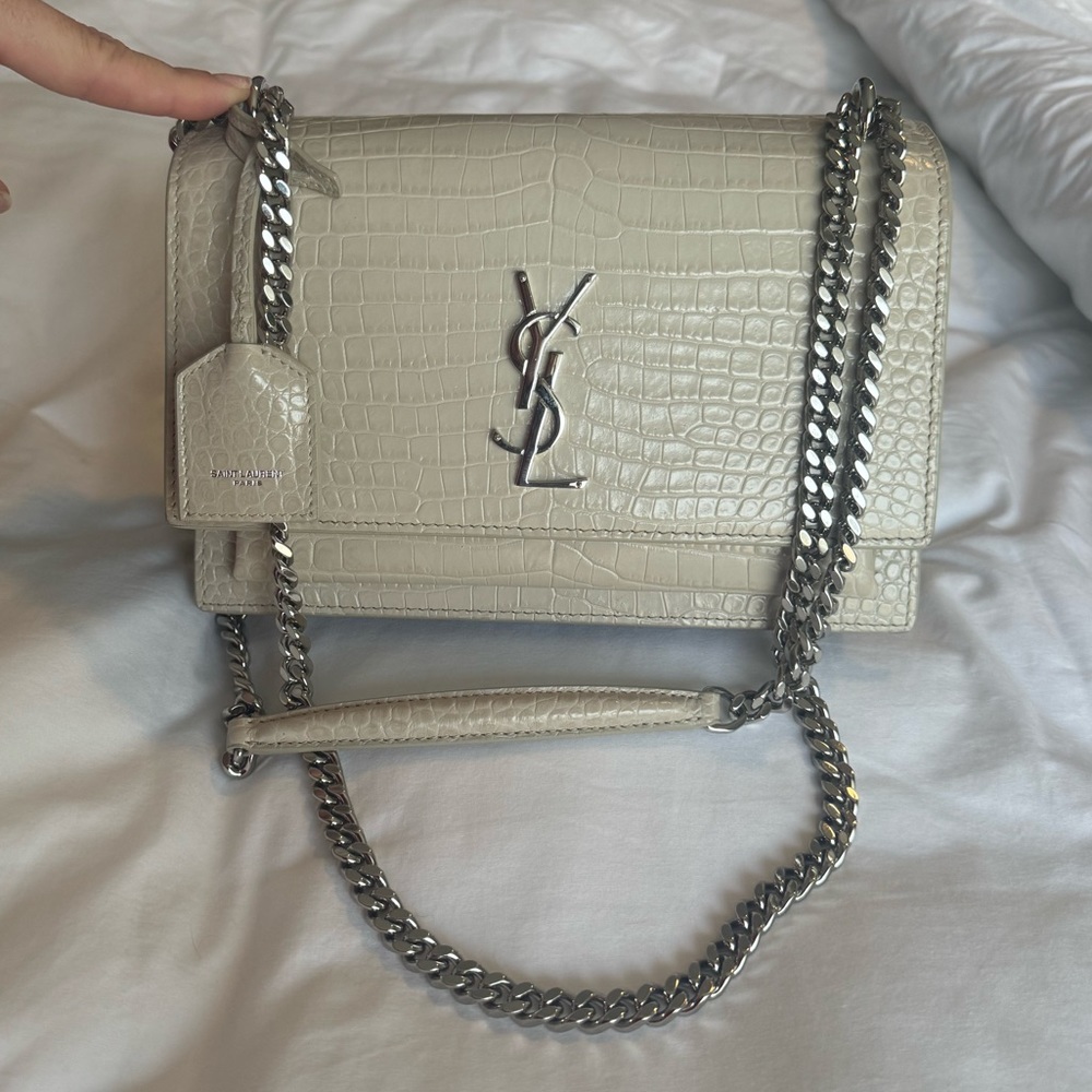 YSL Saint Laurent ‘Sunset’ Medium Crocodile-Embossed Crossbody Bag